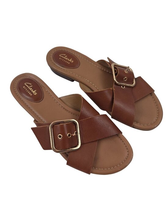 Clarks Shoes - Clarks Artisan Sandals Womens 9.5 Brown Leather Straps Goldtone Buckle Flat Shoe